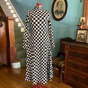 Bel Kazan "Boden" Black & Cream Checkerboard Lexi Turtleneck Dress Pockets  M